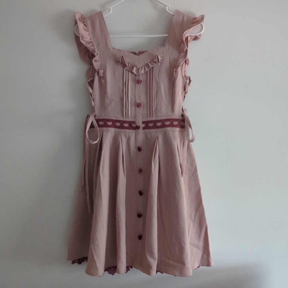 Lizlisa Japanese Cute Pink Dress with Ruffle Lace Tie Velvet Heart Button Accent - Picture 7 of 8
